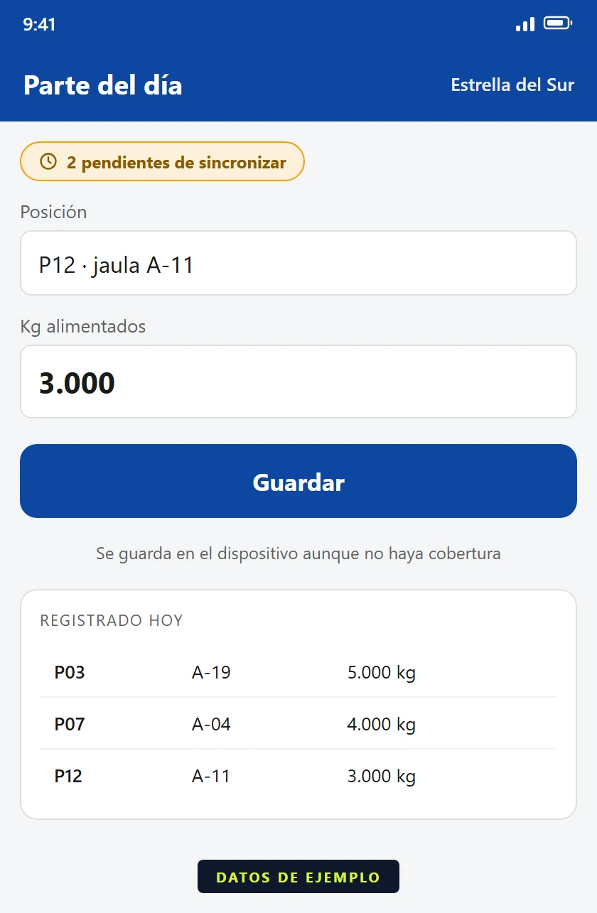 Reconstrucción de la aplicación del capitán: un parte de alimentación del día con dos registros pendientes de sincronizar y un aviso de que se guarda en el móvil aunque no haya cobertura.